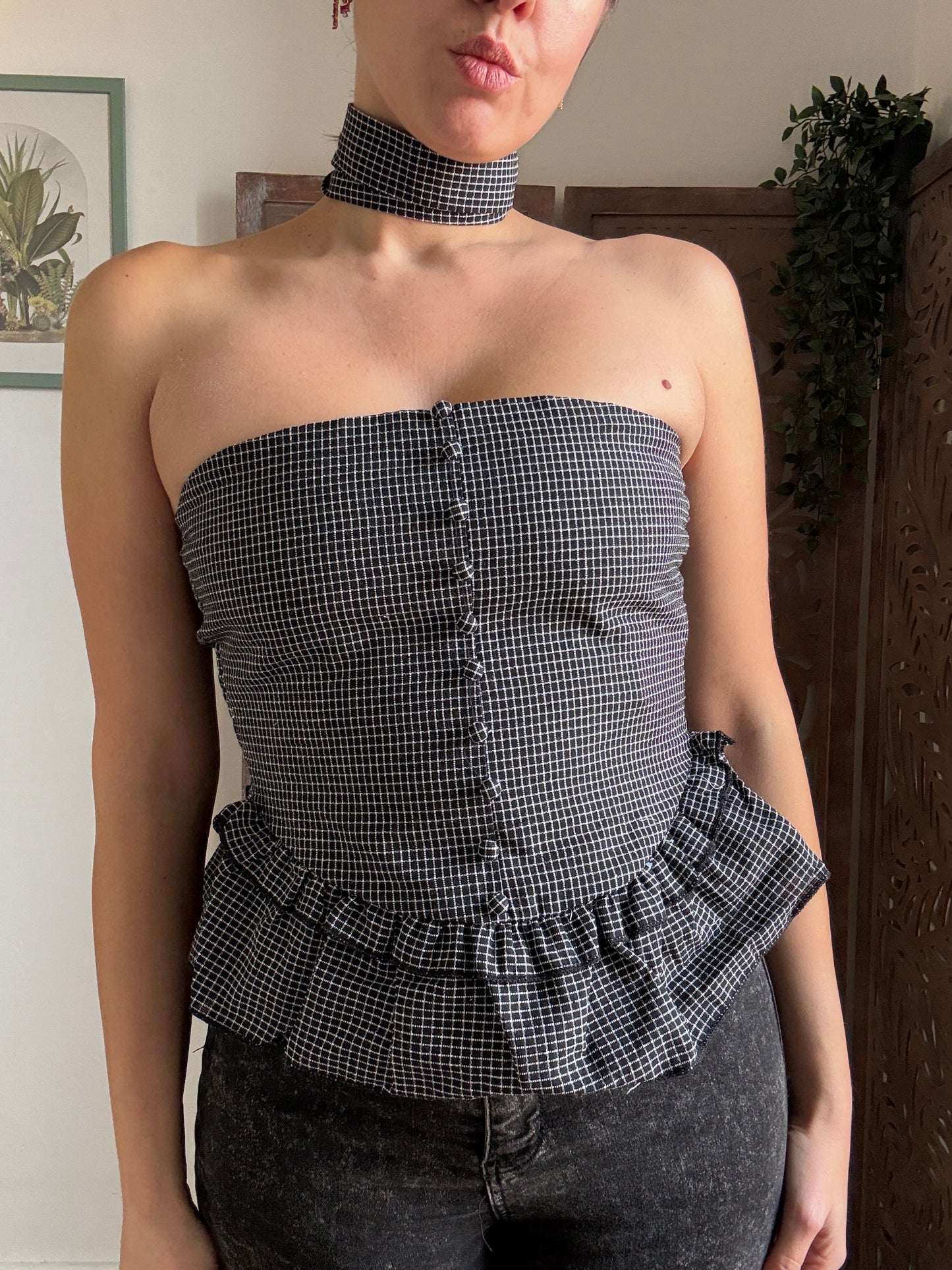 Top Peplum a Quadretti con Nastro - Nero