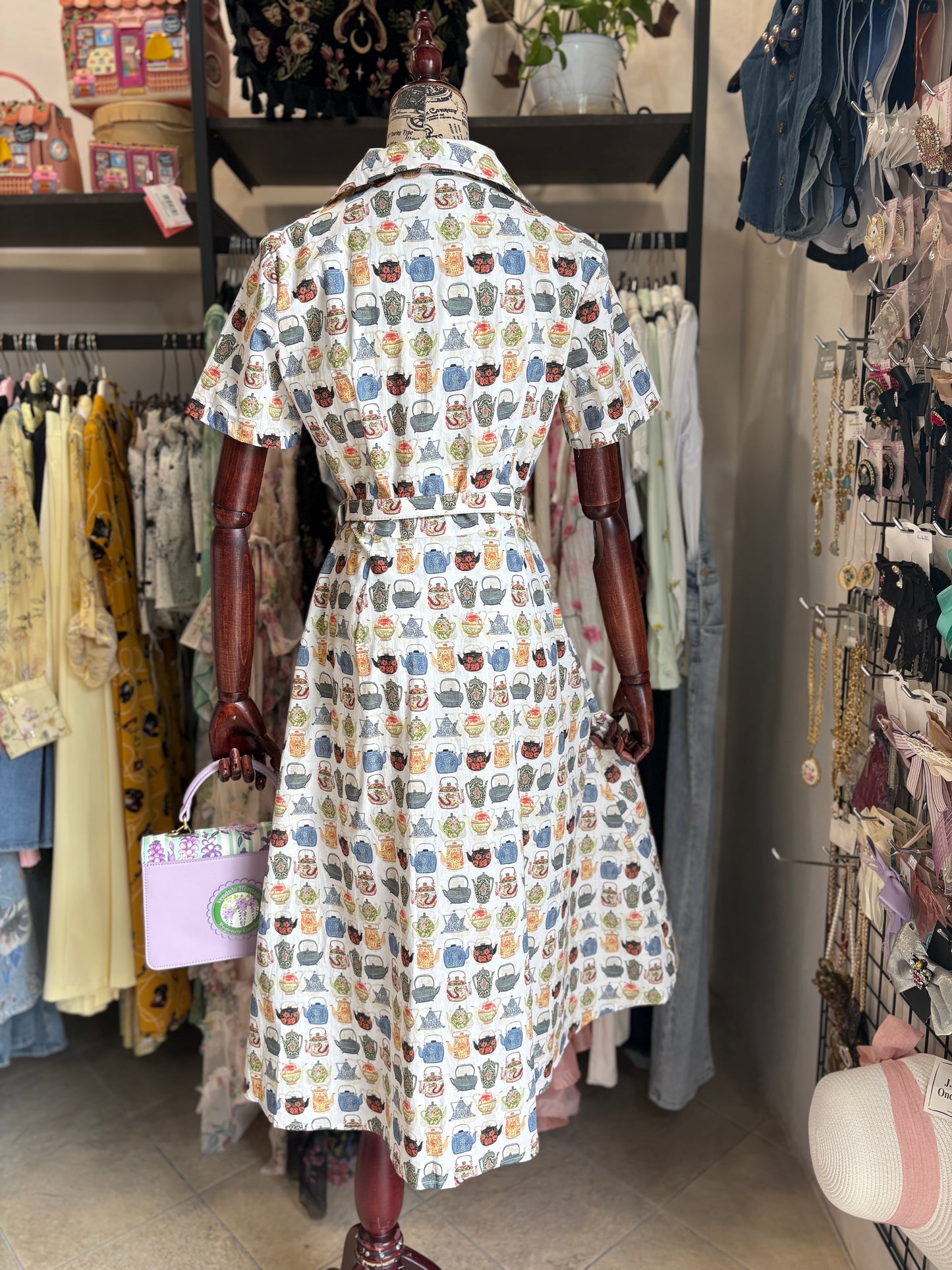 Abito Chemisier Inglese in Cotone Kate Tea Time con Stampa Teiere Vintage