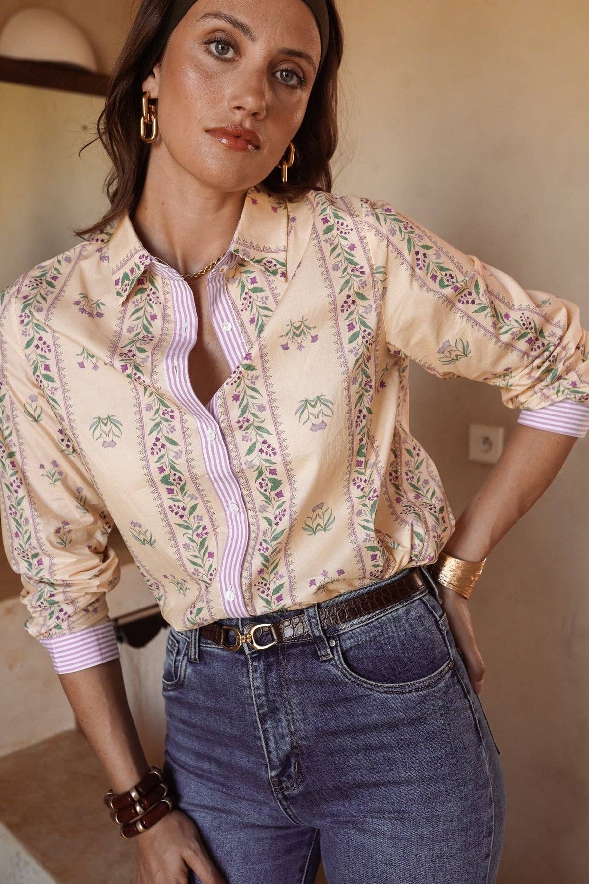 Camicia Bérilia beige in cotone con stampa floreale