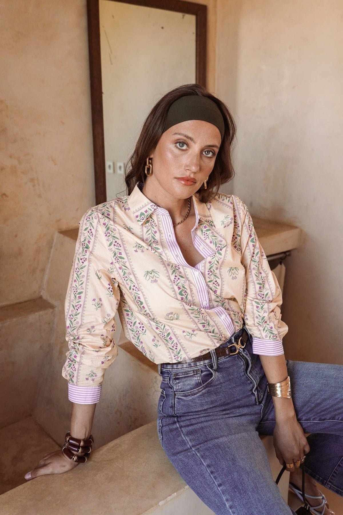Camicia Bérilia beige in cotone con stampa floreale