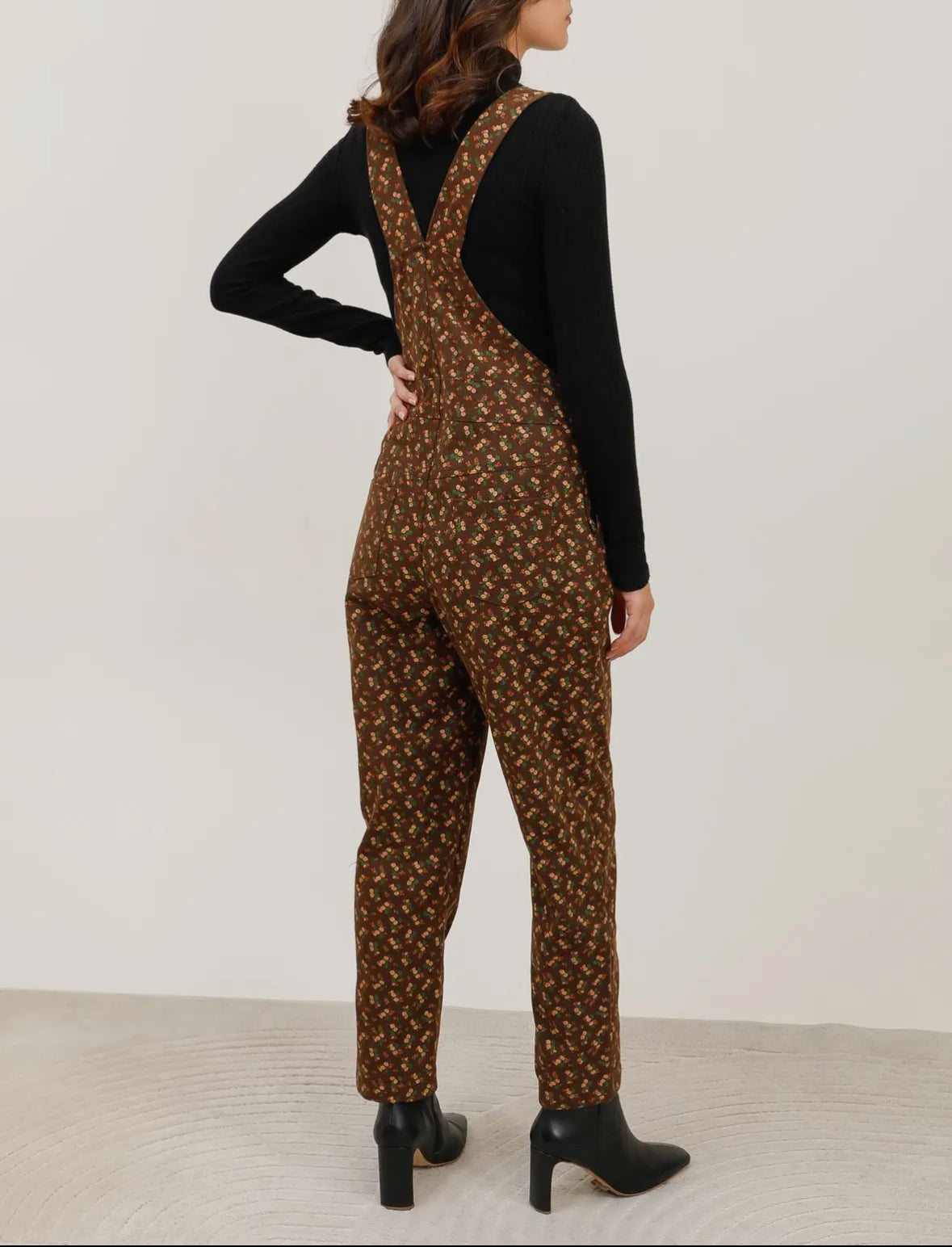 Salopette lunga in jeans marrone floreale gamba dritta