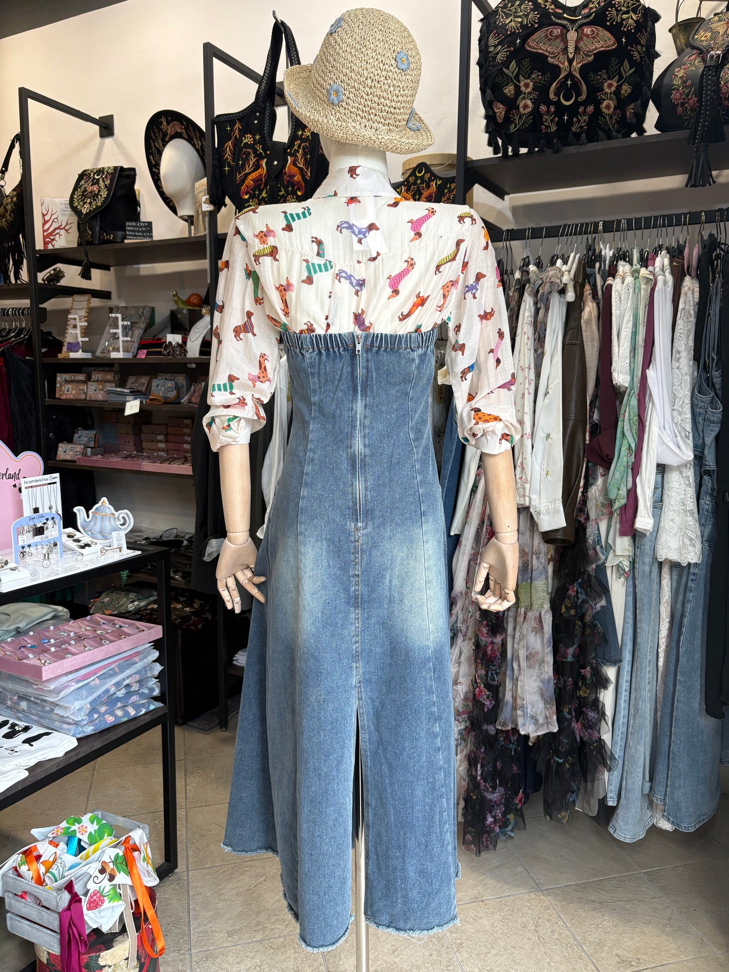 Abito Lungo Denim a Bustino con Scollo a Cuore e Orlo a Vivo
