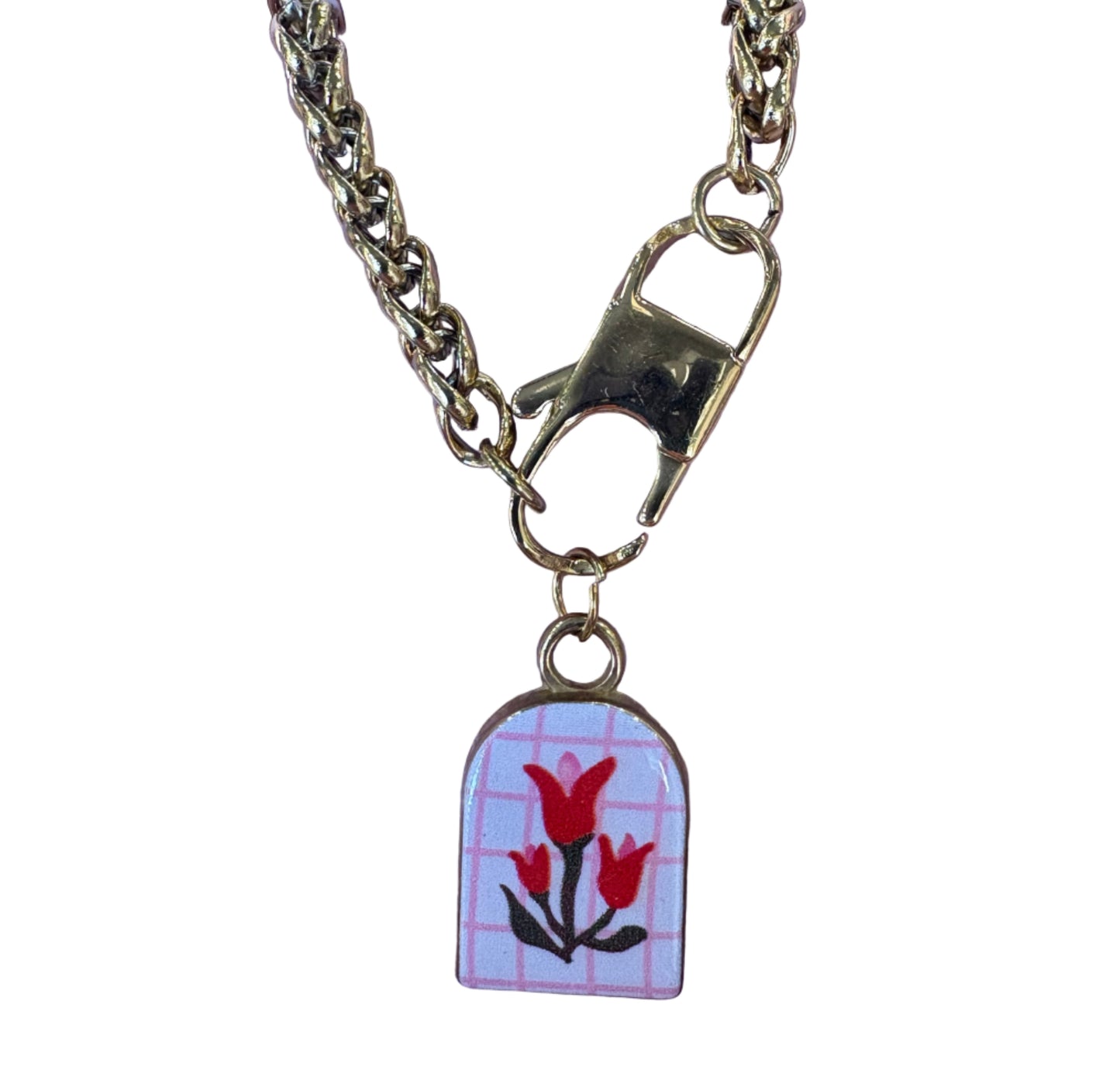 Collana in acciaio inossidabile color oro con ciondolo smaltato floreale