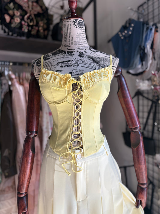 Top Bustier Stringato con Coppe Arricciate – Giallo Limone