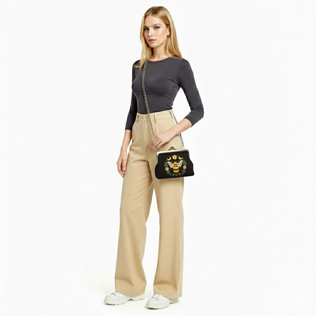 Borsetta kisslock Bee in misto lino e cotone ricamata in 2 colori