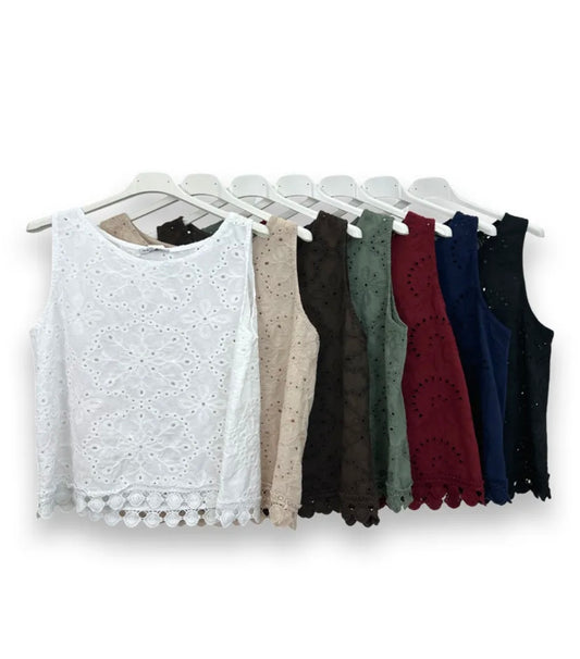 Top smanicato in cotone traforato in + colori