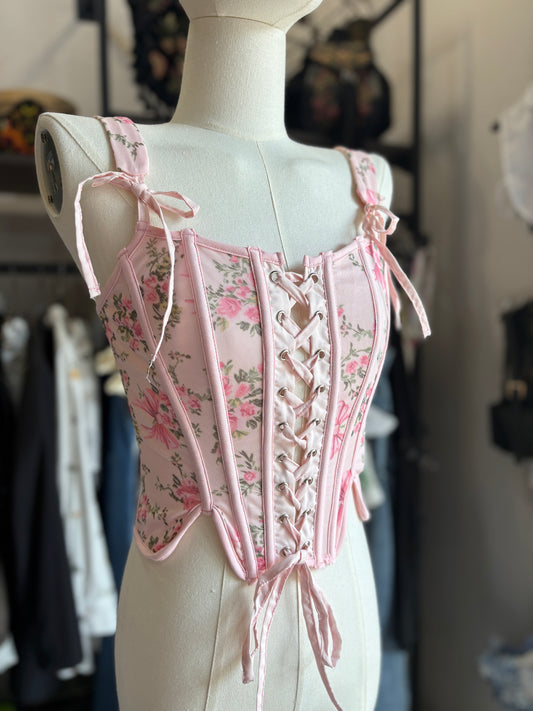 Corsetto Top Floreale con Stringhe e Fiocchi – Rosa Romantico