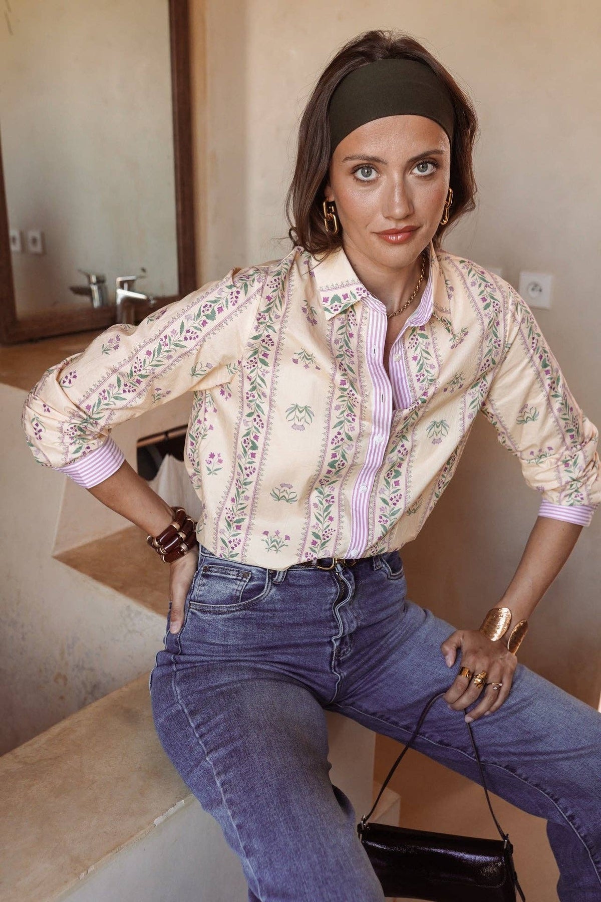 Camicia Bérilia beige in cotone con stampa floreale