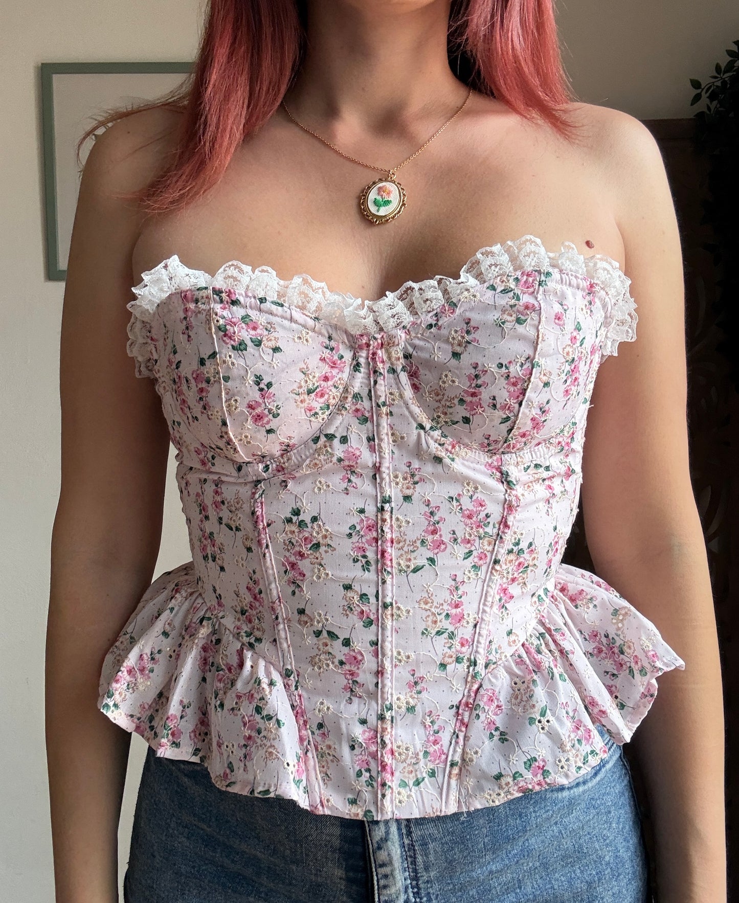 Bustino Rosa Romantico Floral Bloom - Con Scollo in Pizzo