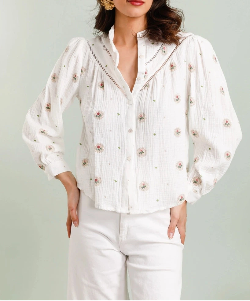 Blusa bohémien francese romantica in mussola di cotone con ricami floreali -  in 2 colori