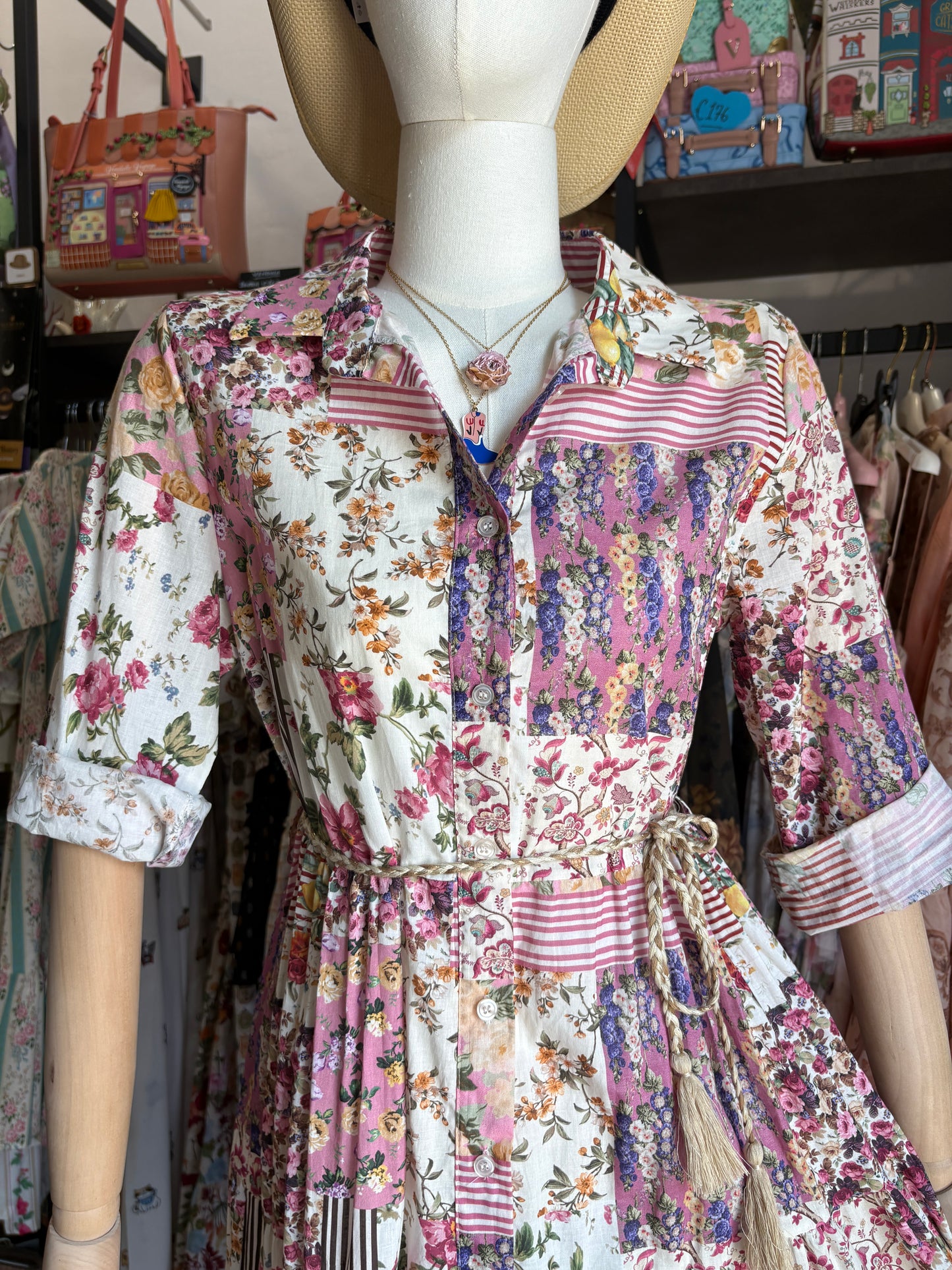 Abito Chemisier Lungo Patchwork Floreale in Cotone con Cintura a Corda