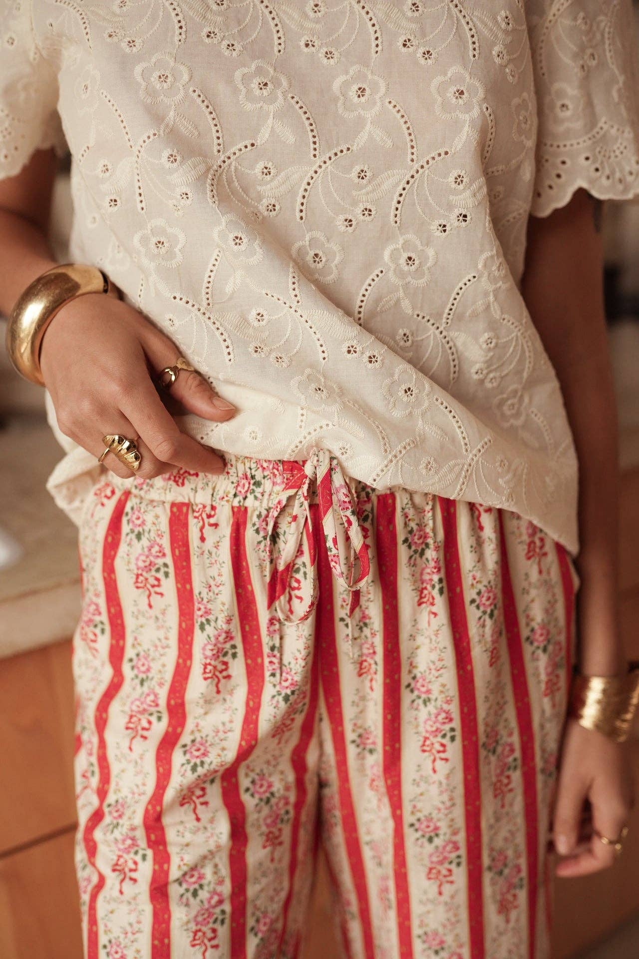 Pantaloni Larghi in Cotone Pauline con Stampa Floreale e Righe - Rosa