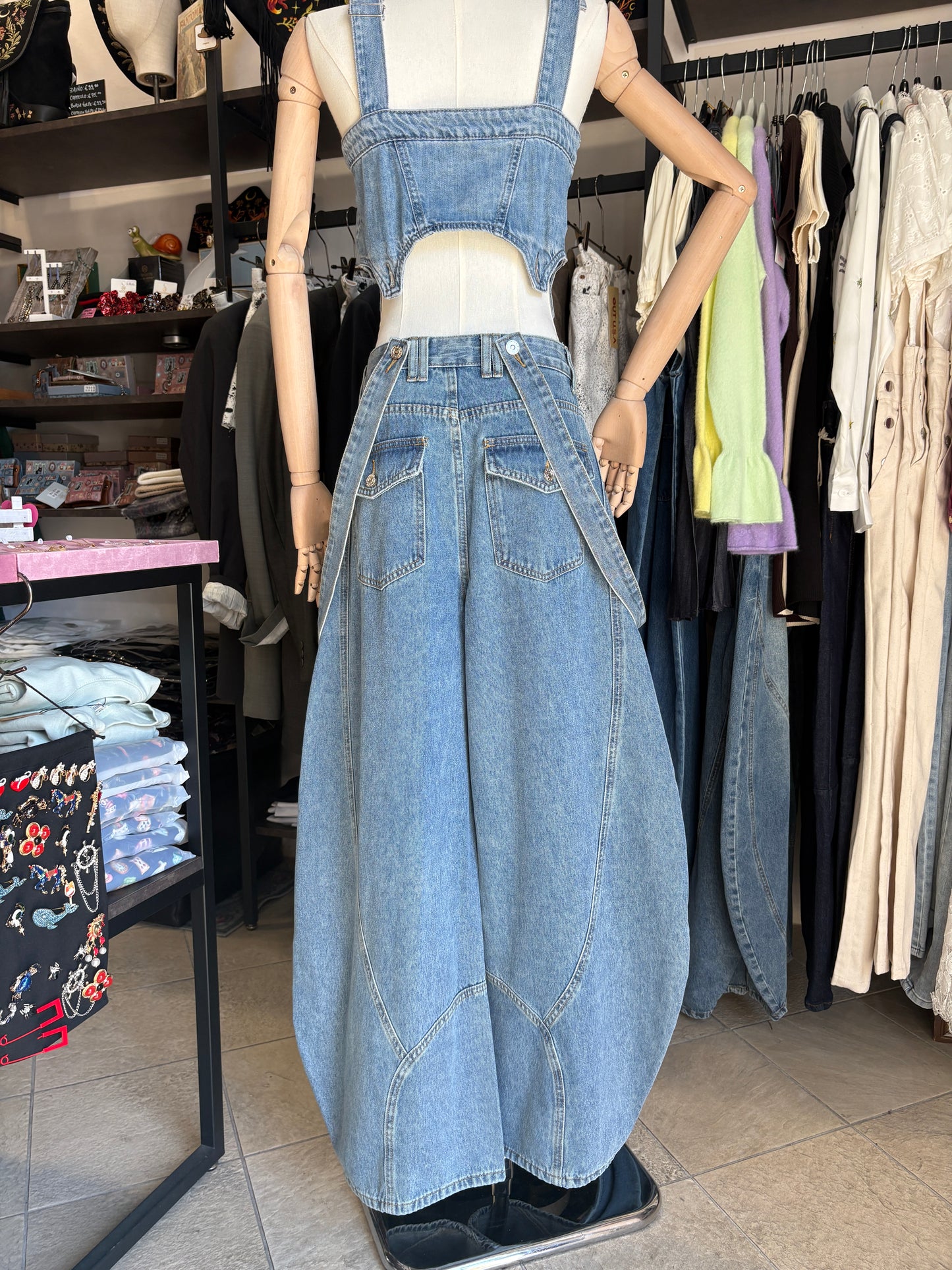 Pantaloni/Salopette Denim "Barrel Fit" con Bretelle Removibili