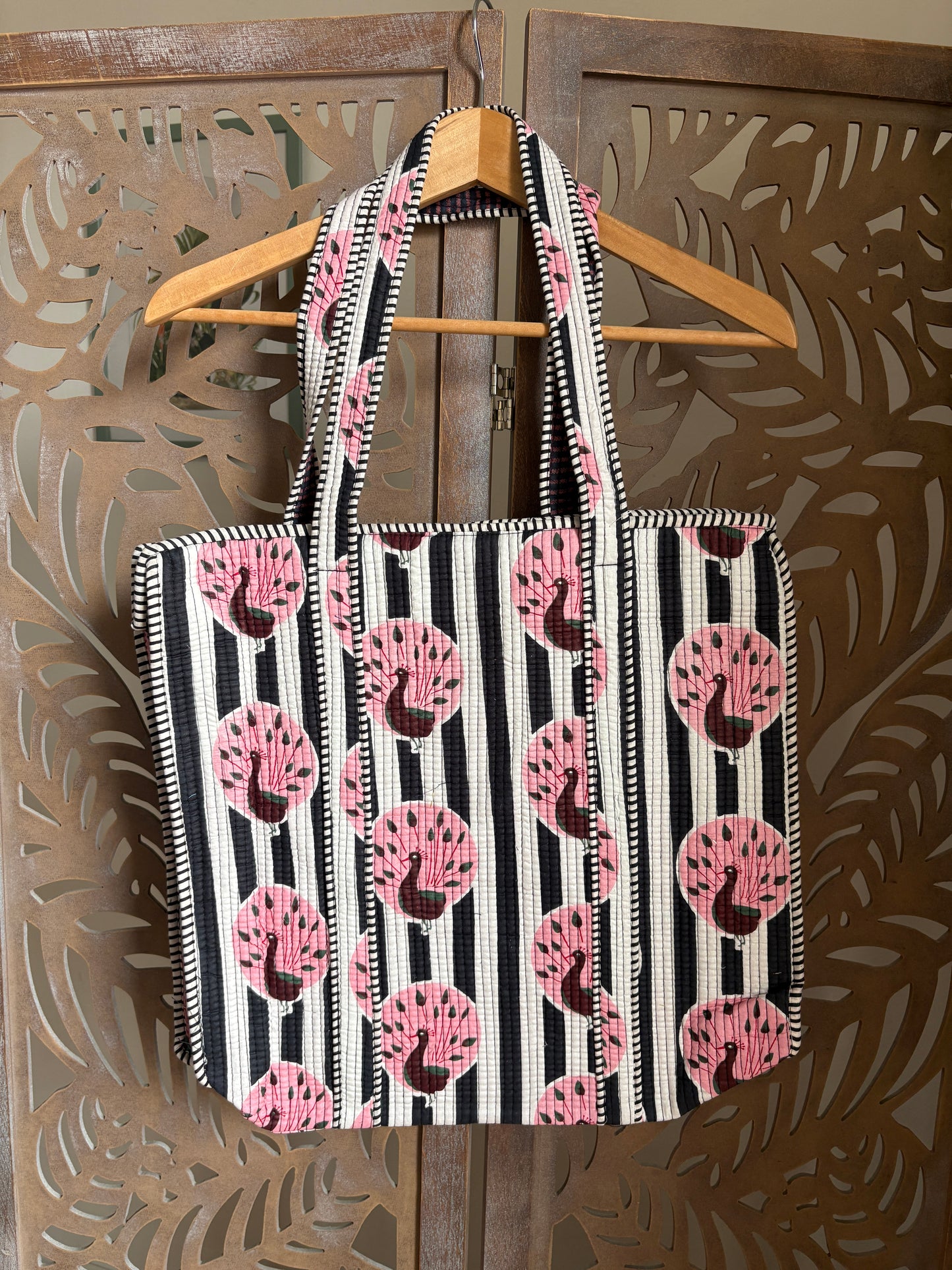 Borsa Tote Trapuntata in Cotone con Zip - Pavoni