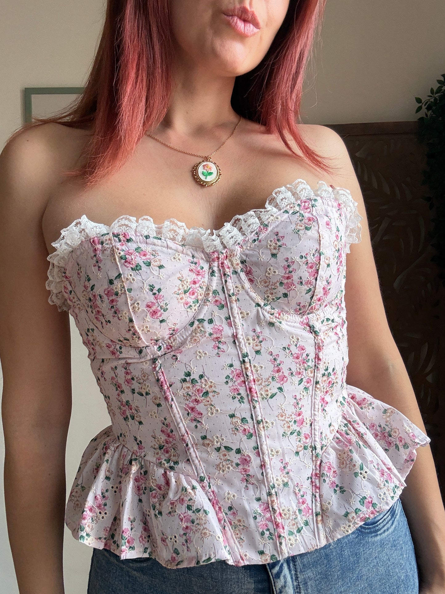 Bustino Rosa Romantico Floral Bloom - Con Scollo in Pizzo