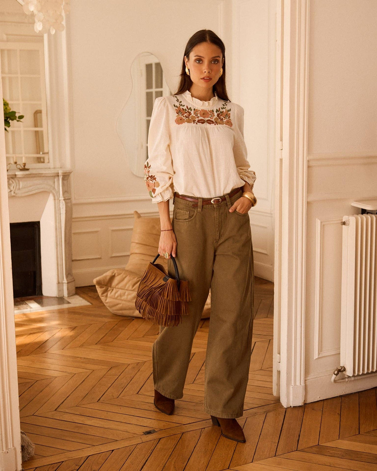 Blusa Giardino d’Autunno écru in cotone ricamato