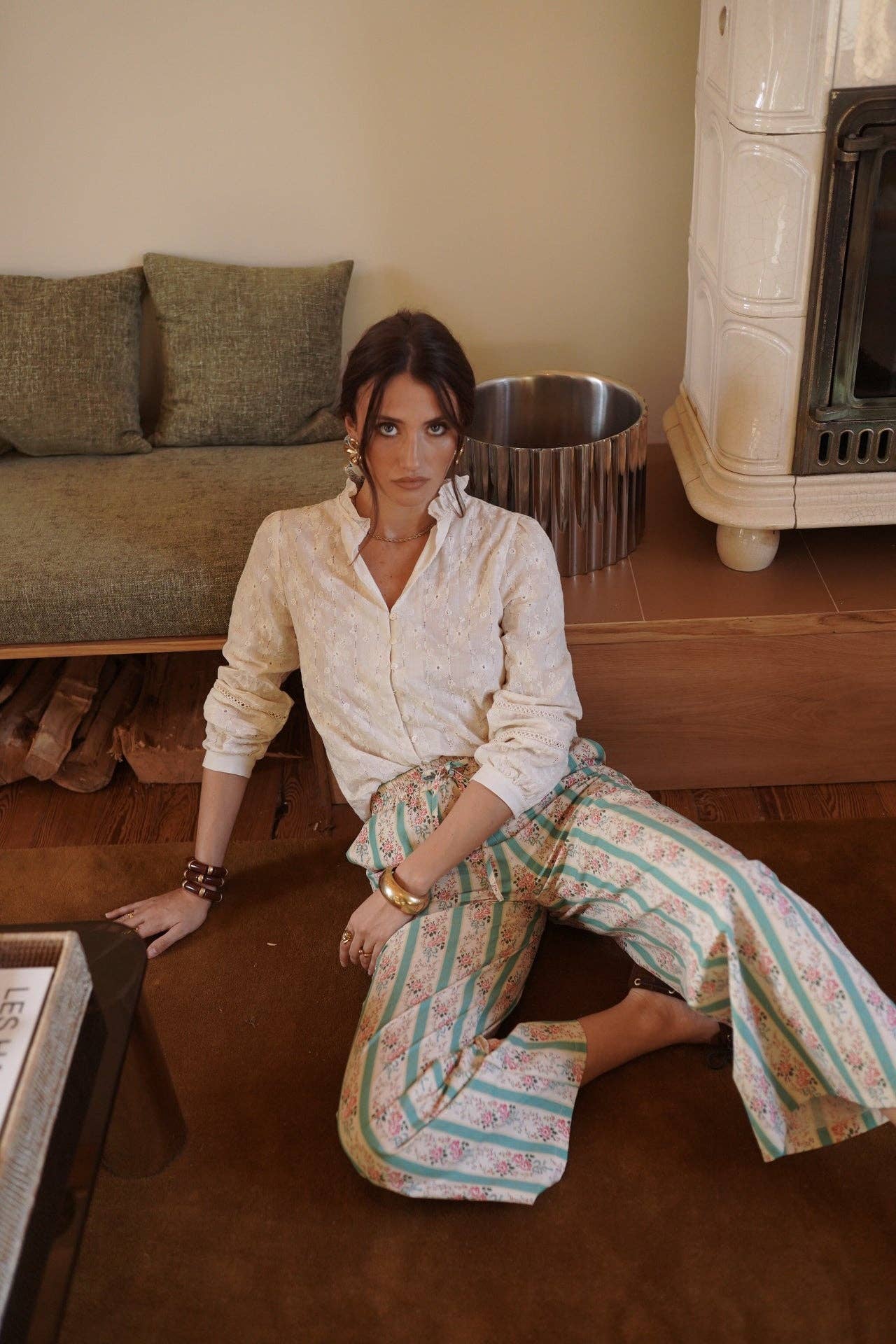 Pantaloni Larghi in Cotone Pauline con Stampa Floreale e Righe - Verdi