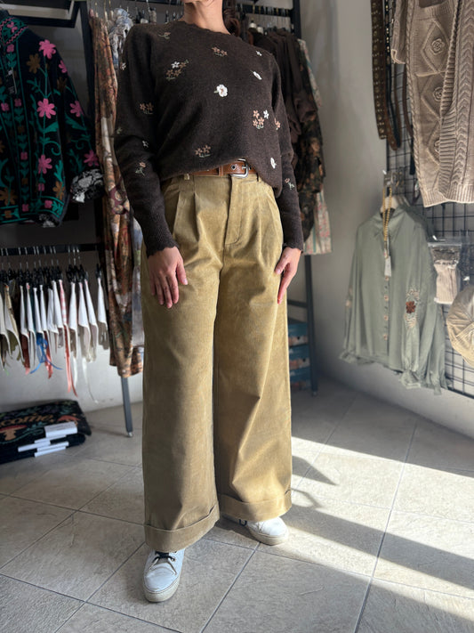 Pantaloni donna wide leg in velluto a coste cammello con cintura