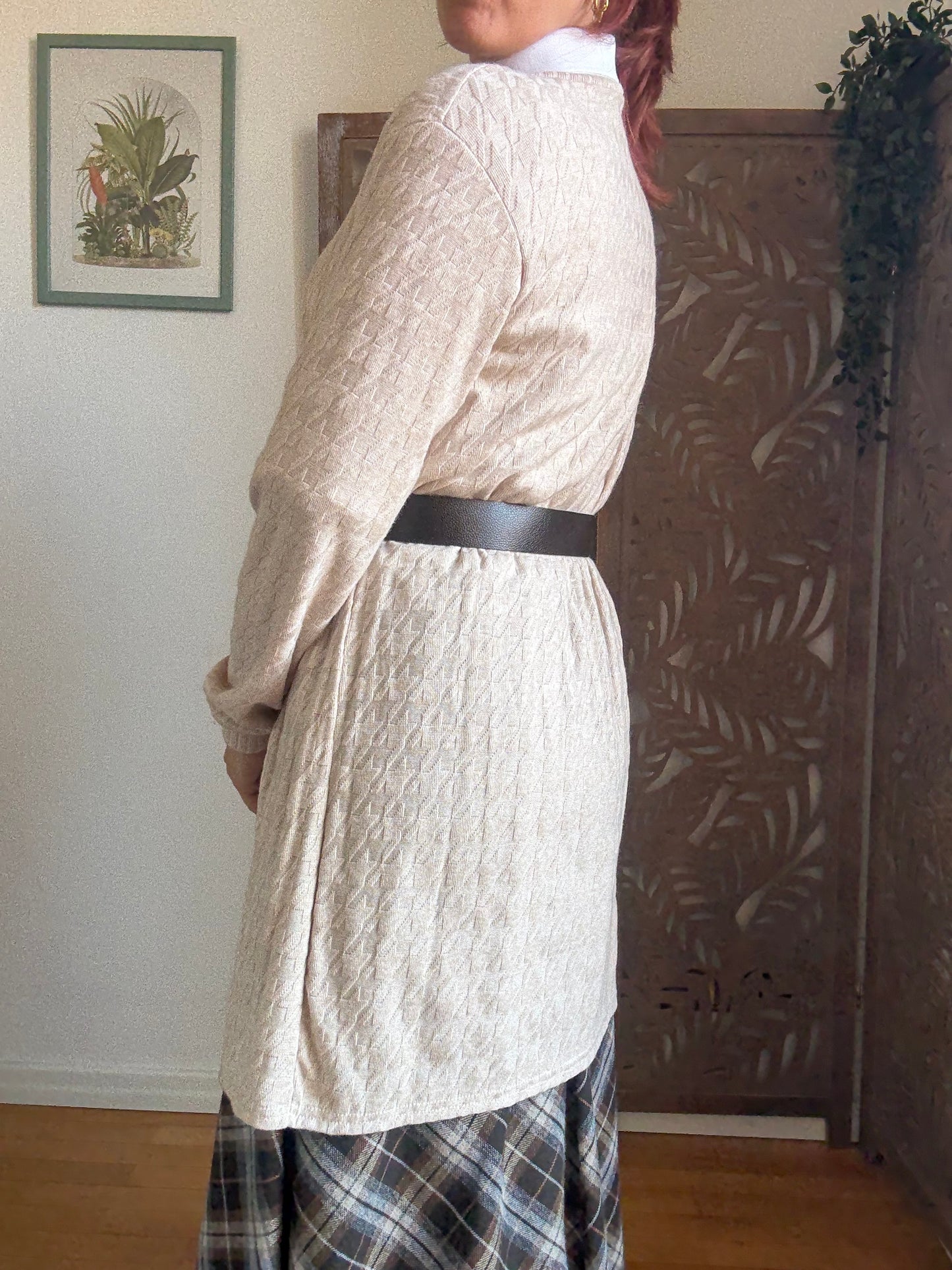 Cardigan aperto lungo leggero in maglia con cintura in 2 colori - Beige e Nero