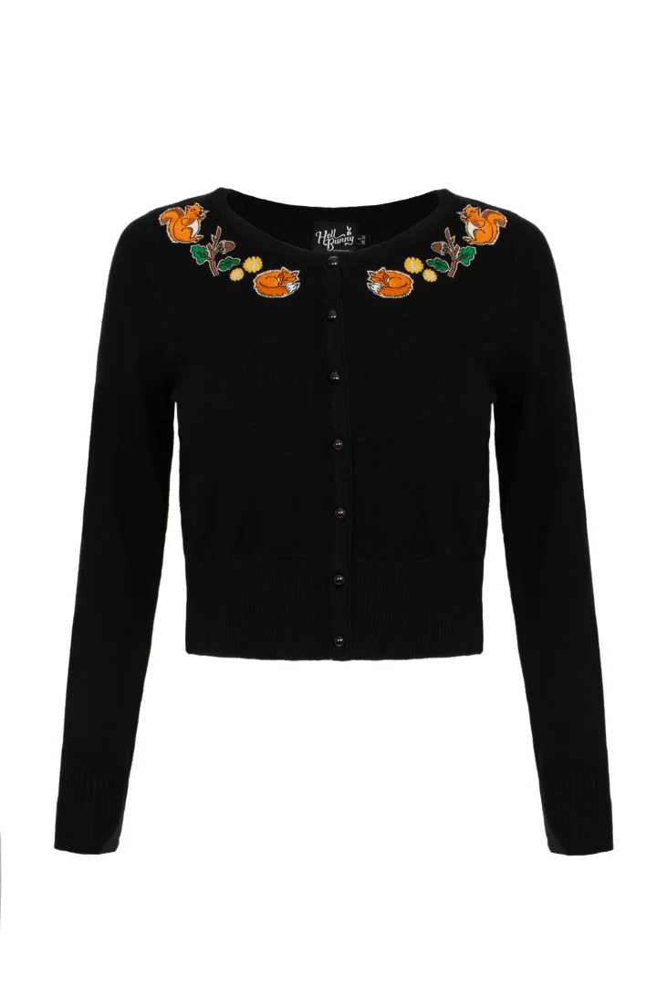 Chester cardigan nero con volpi e scoiattoli