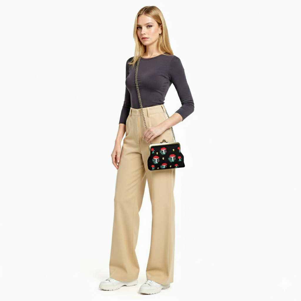 Borsetta kisslock  Mushroom in misto lino e cotone ricamata in 2 colori