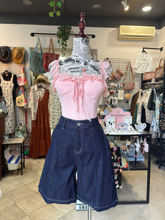 Bermuda di Jeans Scuro a Vita Alta – Trendy Short Lungo in Denim