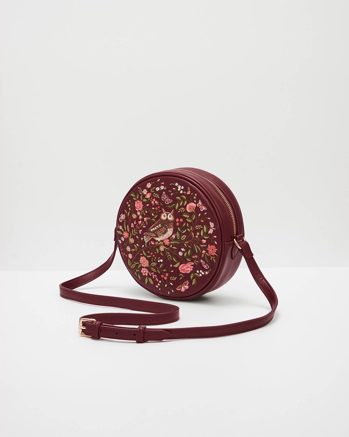 Borsa tonda Chloe Owl ricamata in ecopelle bordeaux - Fable England