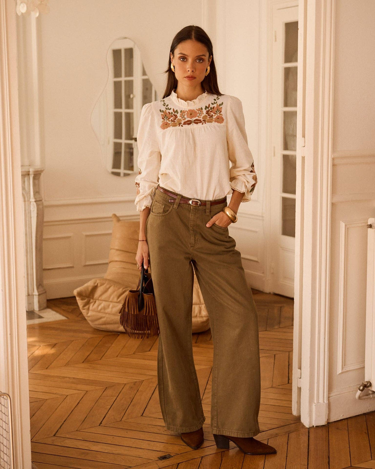 Blusa Giardino d’Autunno écru in cotone ricamato