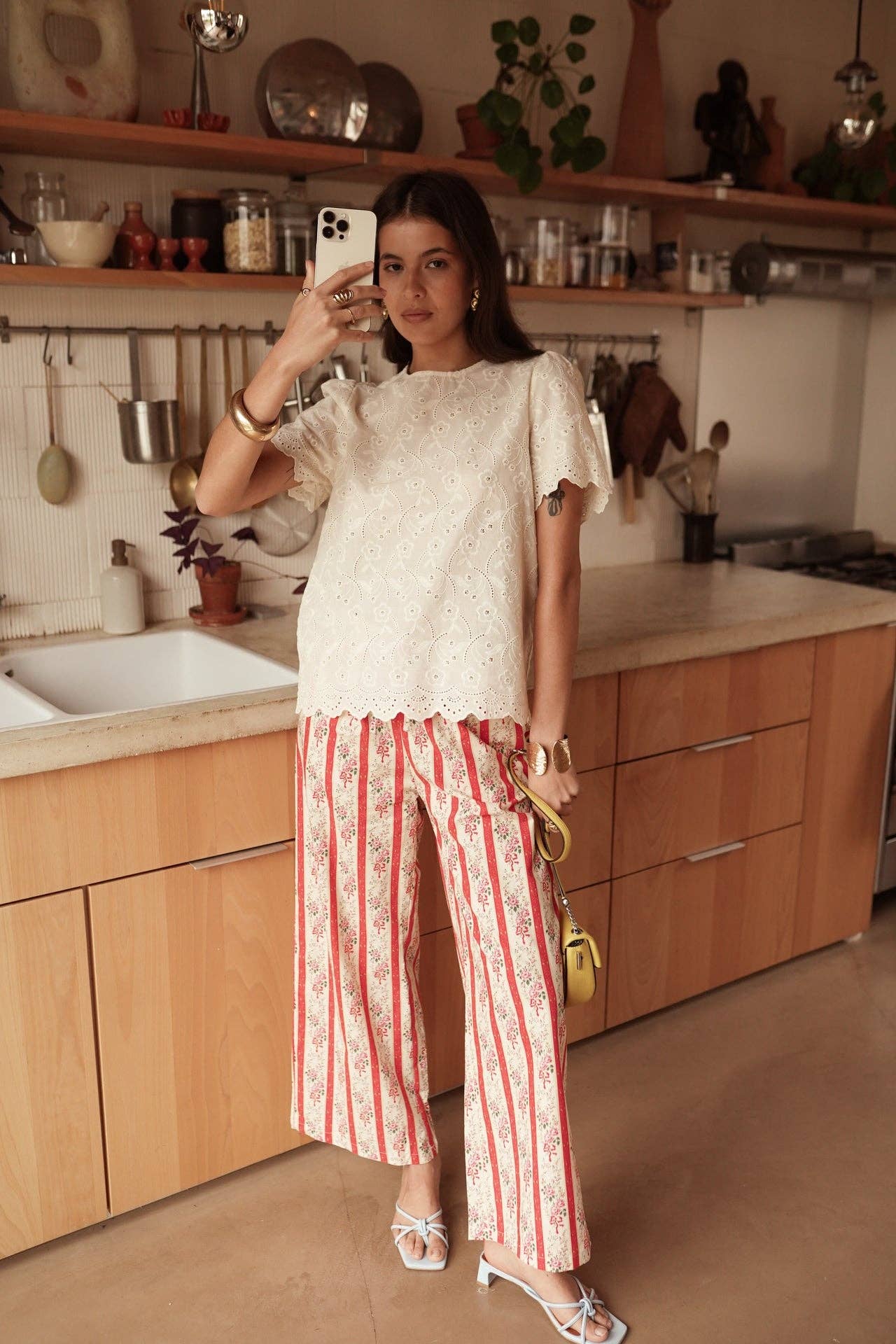 Pantaloni Larghi in Cotone Pauline con Stampa Floreale e Righe - Rosa