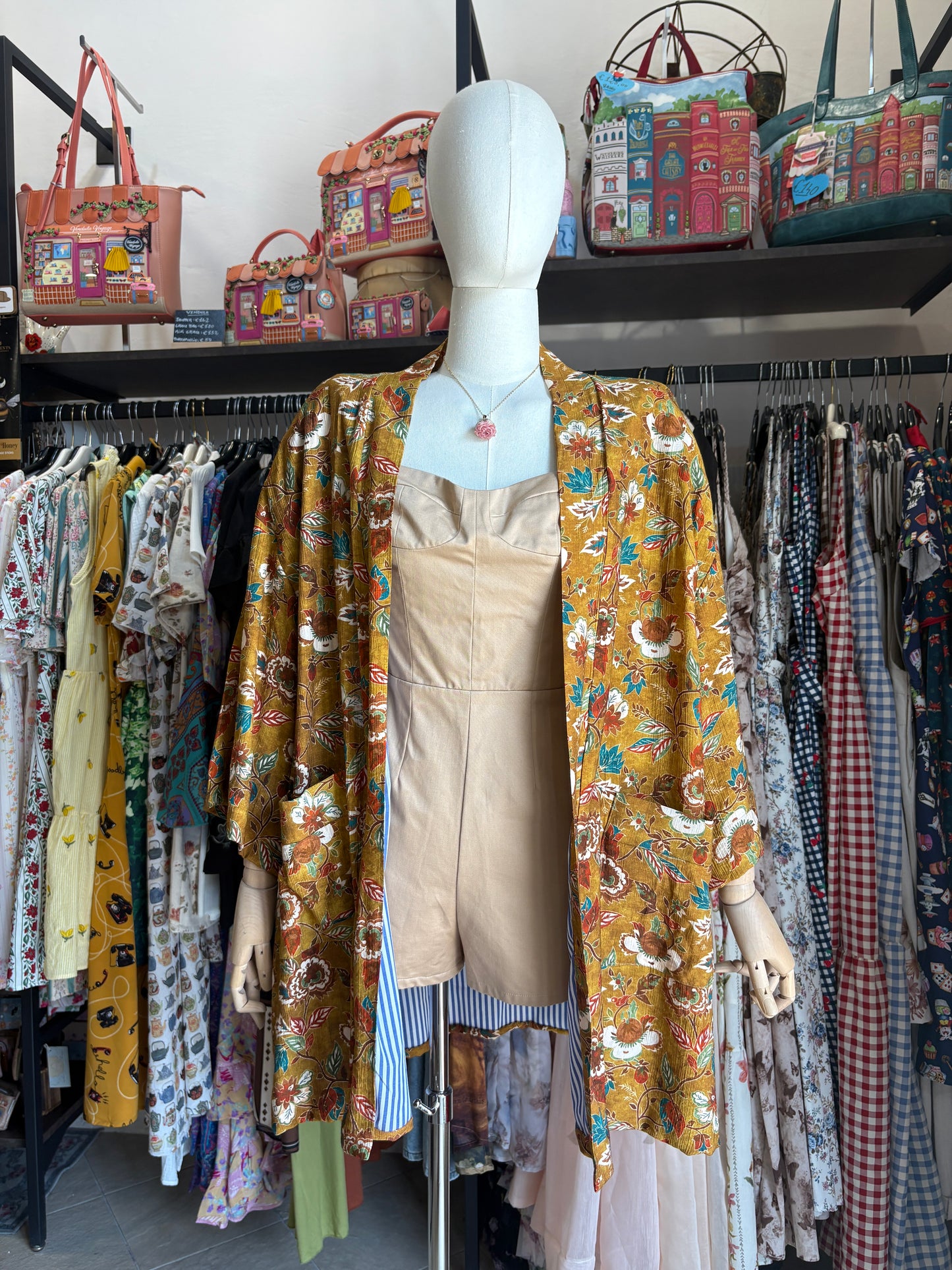 Kimono Donna Boho Chic Foderato in Cotone con Interno a Righe e Tasche Lungo - In Vari Colori e Fantasie