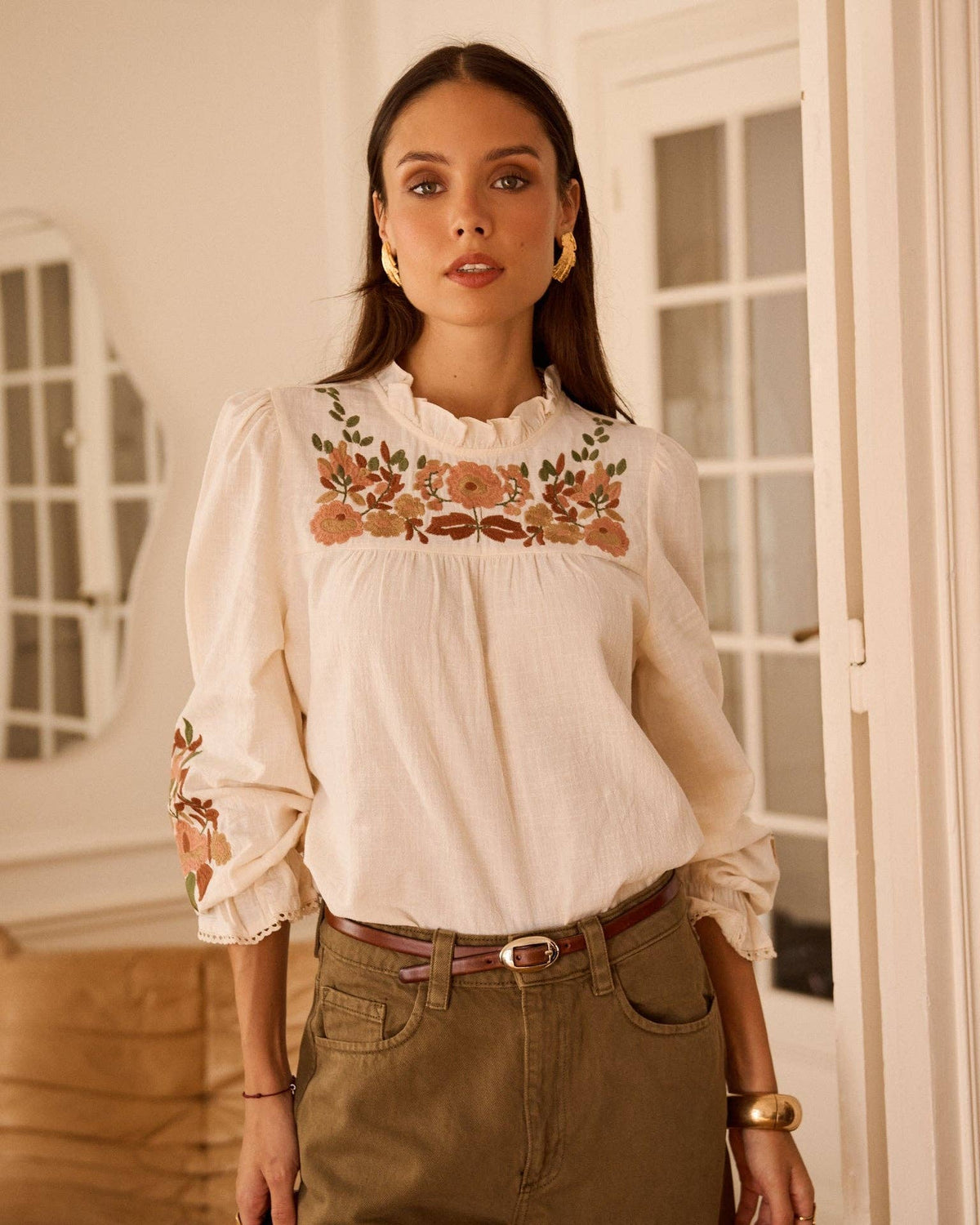 Blusa Giardino d’Autunno écru in cotone ricamato