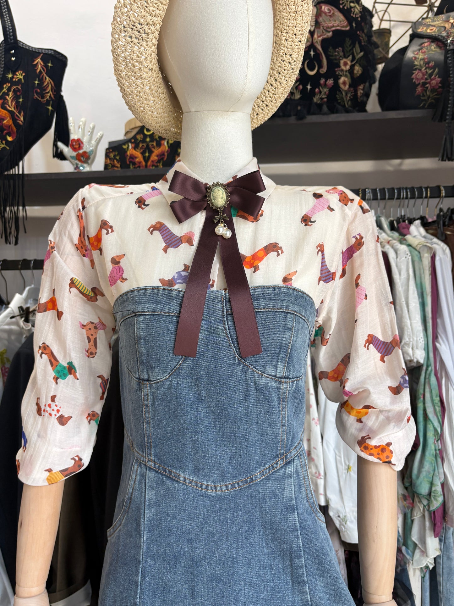 Abito Lungo Denim a Bustino con Scollo a Cuore e Orlo a Vivo