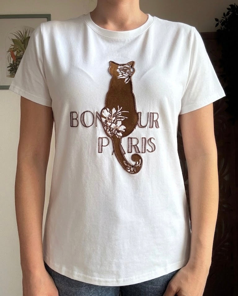 T-shirt Gatto in Cotone Bonjour Paris con Applicazioni Paillettes - In 3 Colori