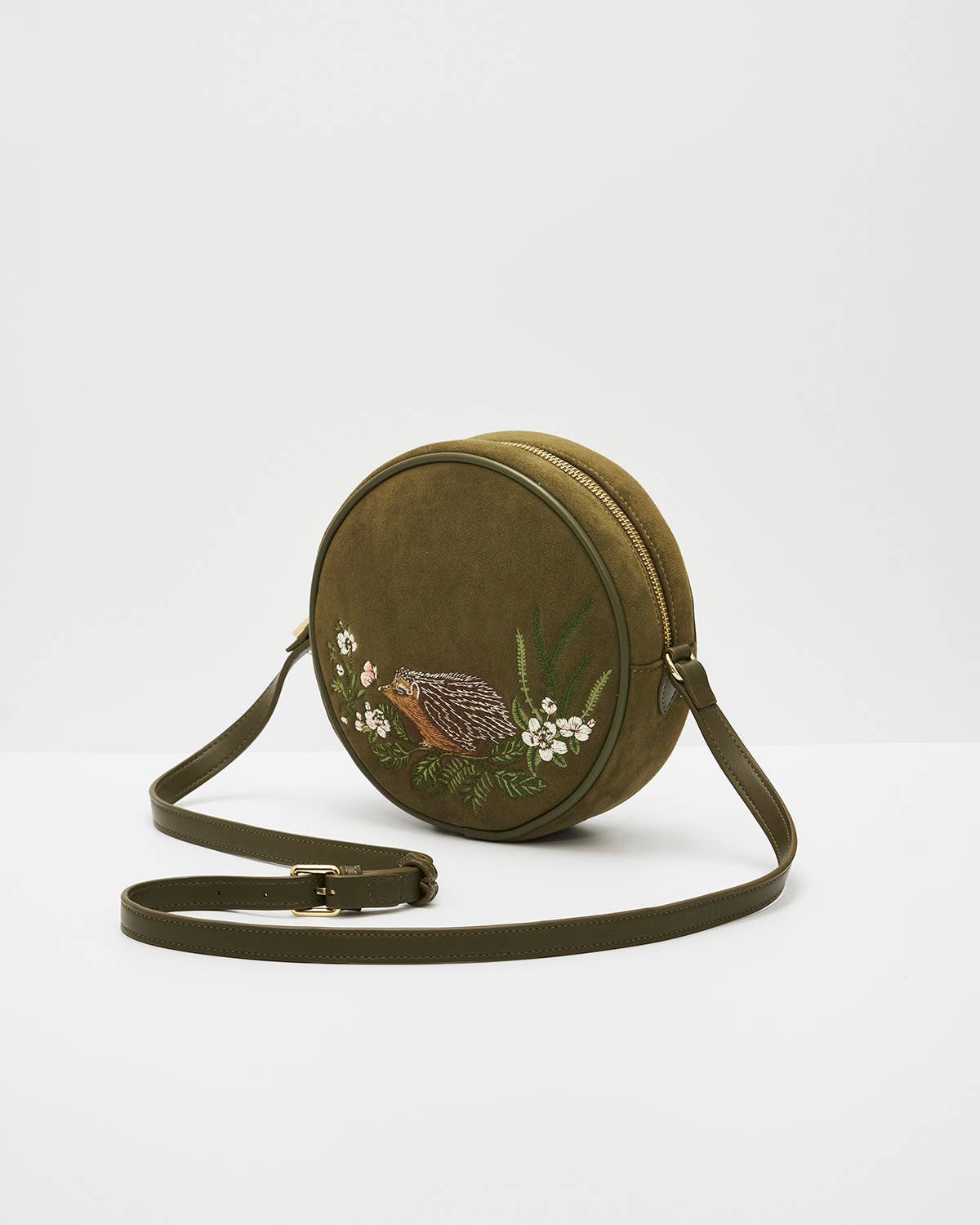 Borsa tonda Chloe Hedgehog ricamata in suedette kaki - Fable England
