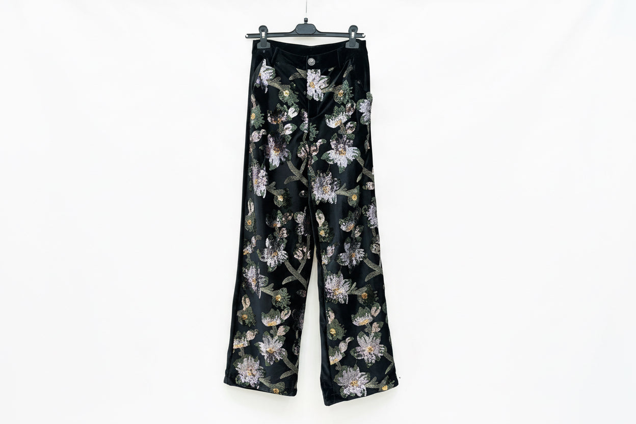 Pantaloni Midnight Flowers in velluto nero con paillettes