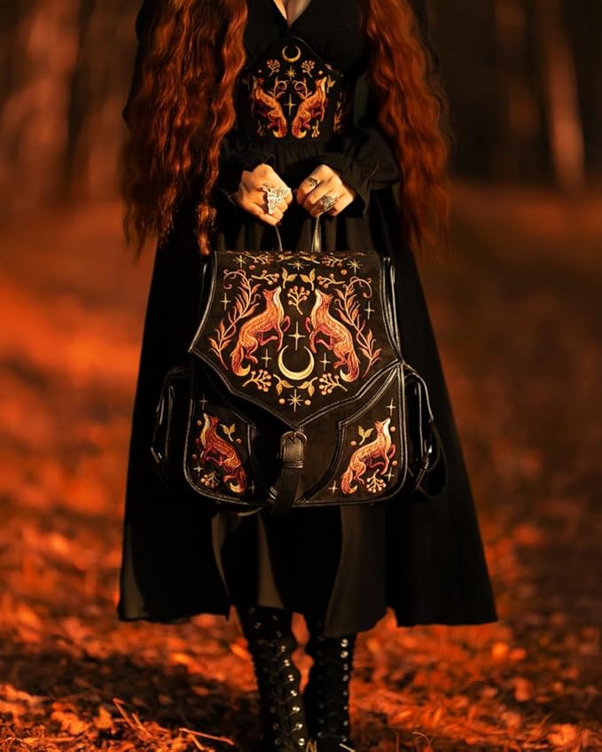 Zaino Mystic Fox Ricamato con Volpi e Lune