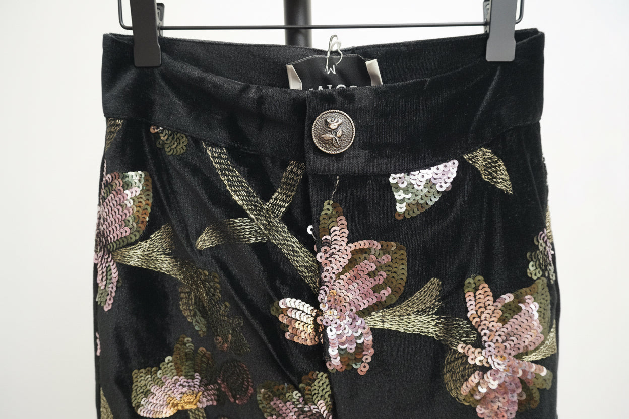 Pantaloni Midnight Flowers in velluto nero con paillettes