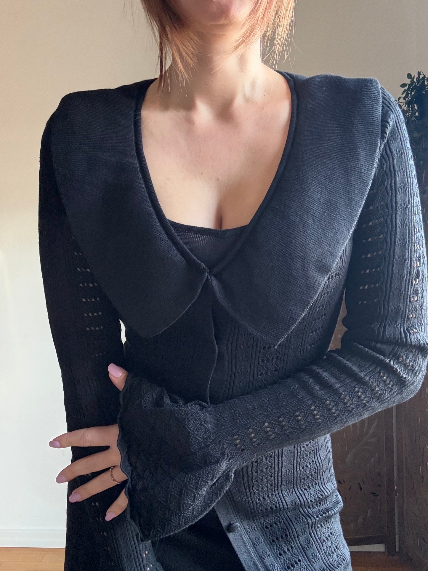 Abito chemisier lungo traforato nero con colletto