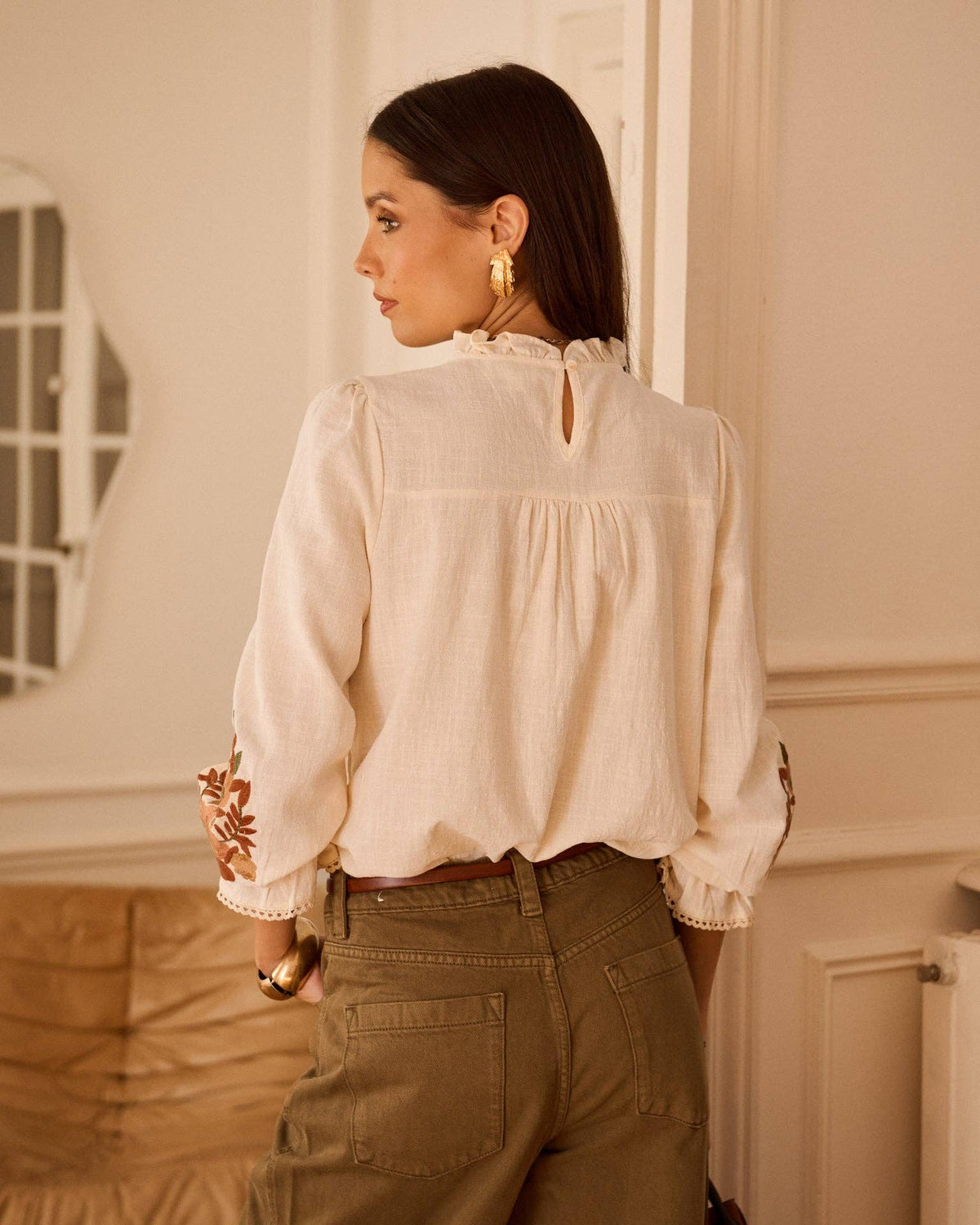 Blusa Giardino d’Autunno écru in cotone ricamato