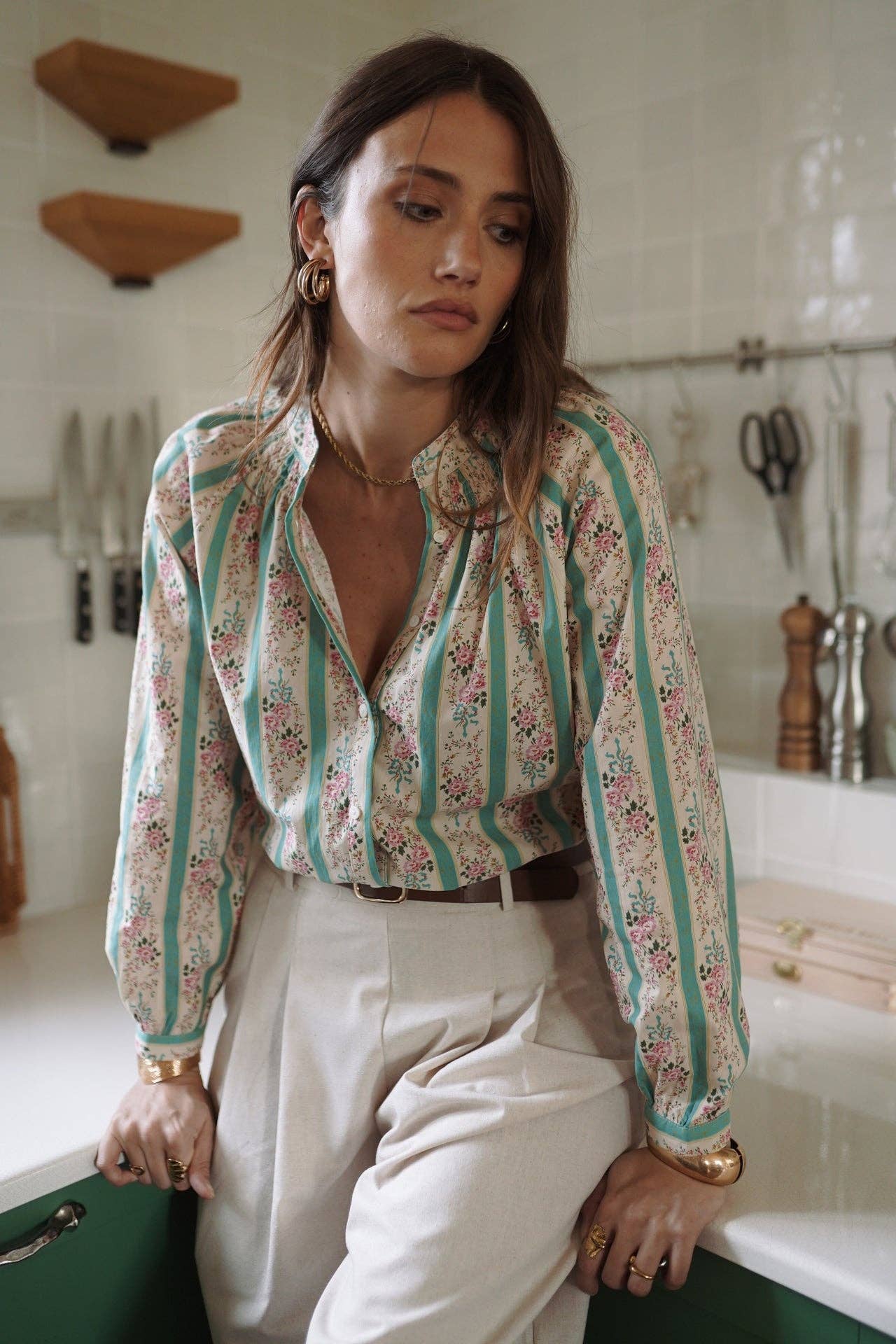 Camicia in Cotone Kira Verde– Righe e Micro-Fiori