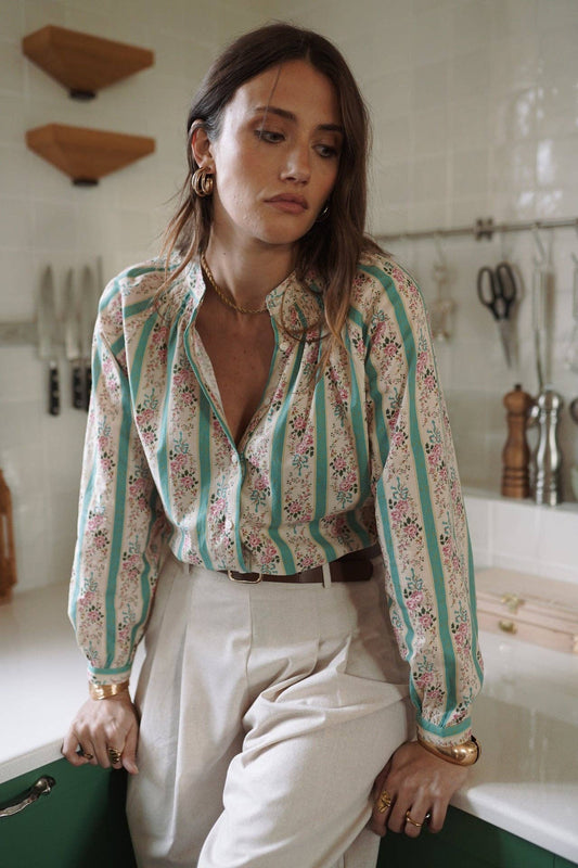 Camicia in Cotone Kira Verde– Righe e Micro-Fiori