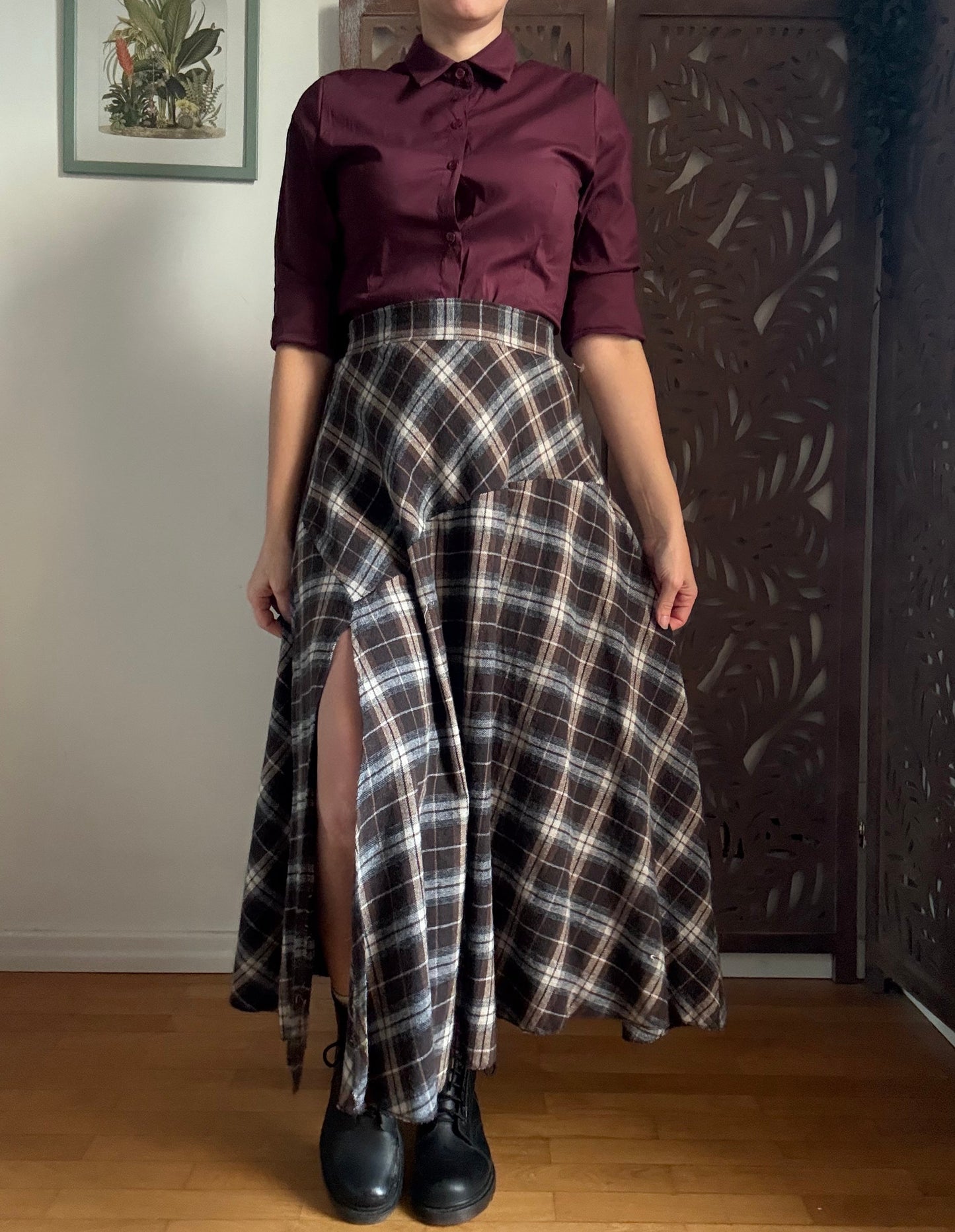 Gonna lunga tartan in cotone asimmetrica a vita alta con spacco frontale