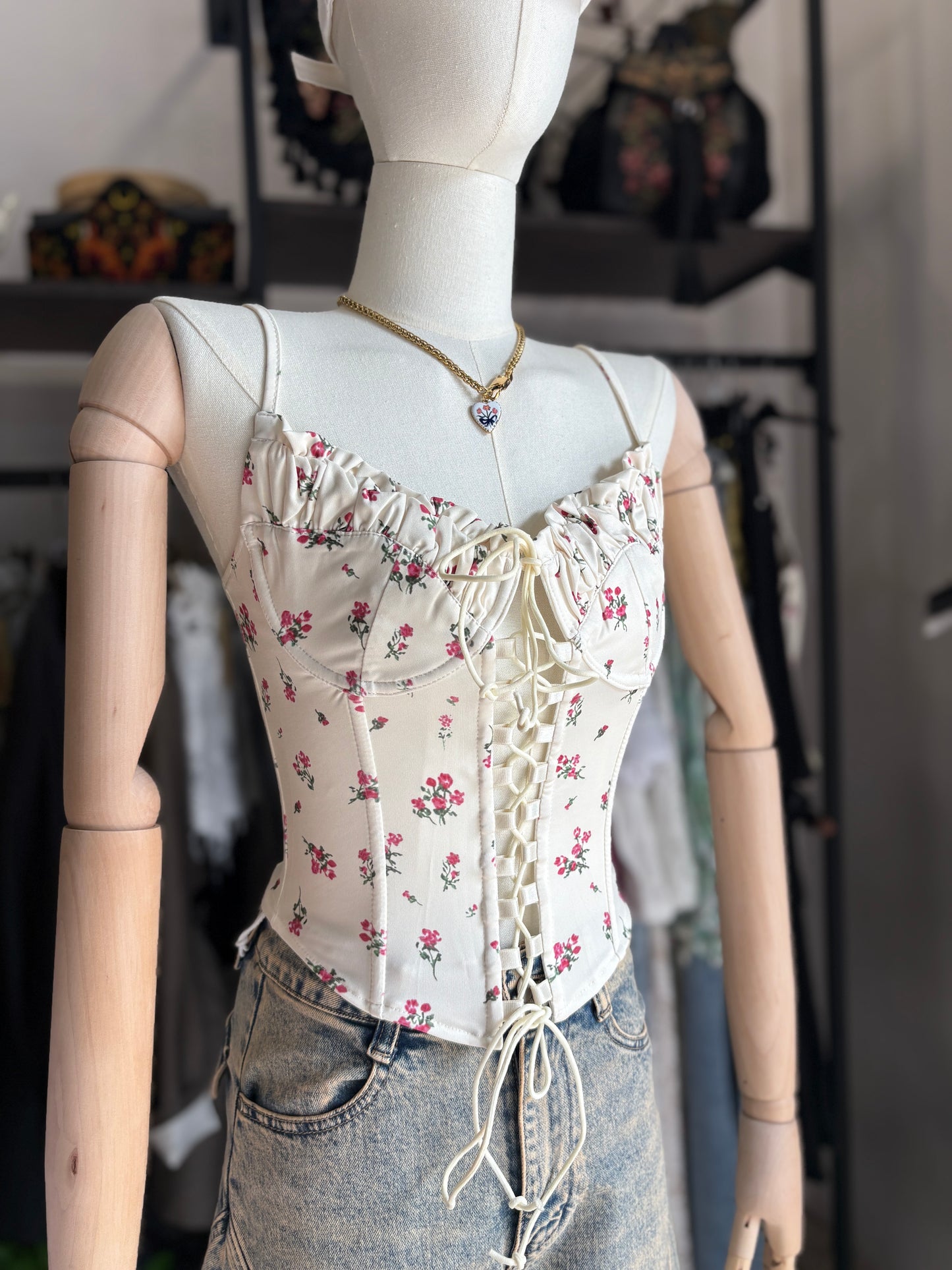 Top Bustier Stringato con Coppe Arricciate – Bianco Floreale
