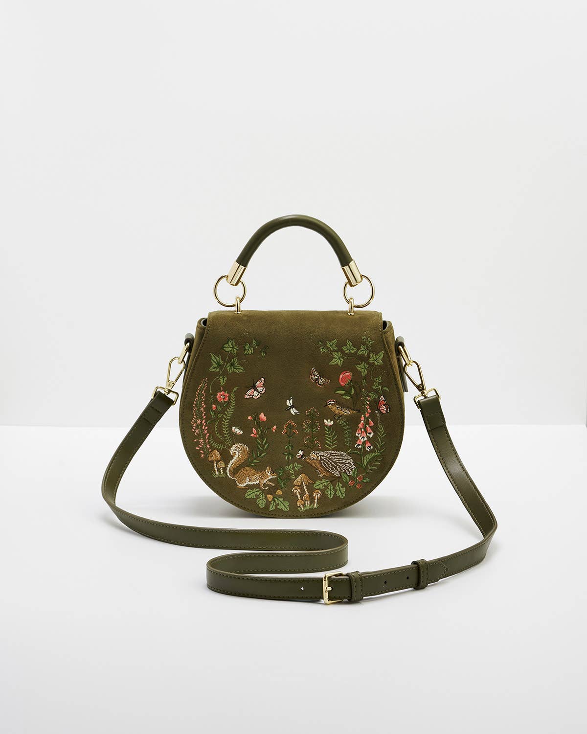 Borsa a sella Charlotte Meadow ricamata in suedette kaki - Fable England