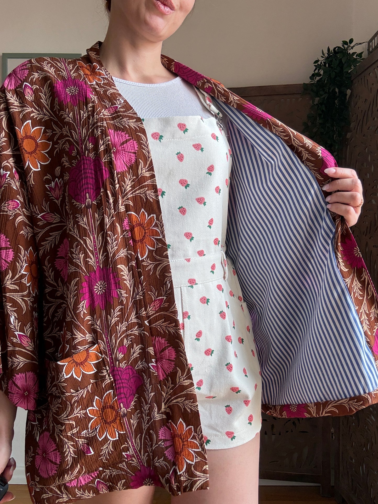 Kimono Donna Boho Chic Foderato in Cotone con Interno a Righe e Tasche - In Vari Colori e Fantasie