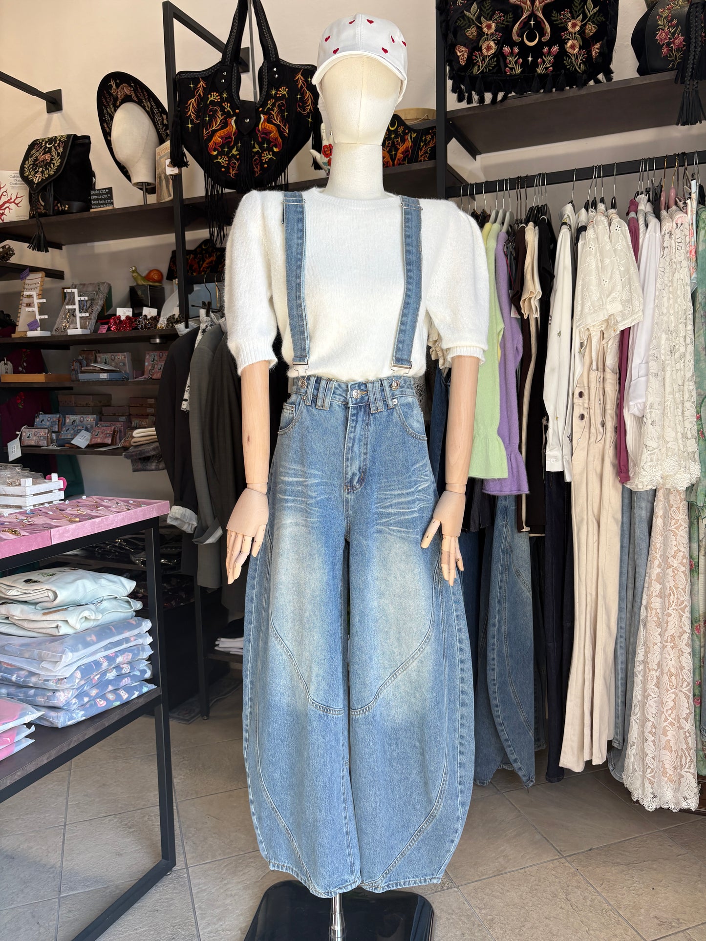 Pantaloni/Salopette Denim "Barrel Fit" con Bretelle Removibili