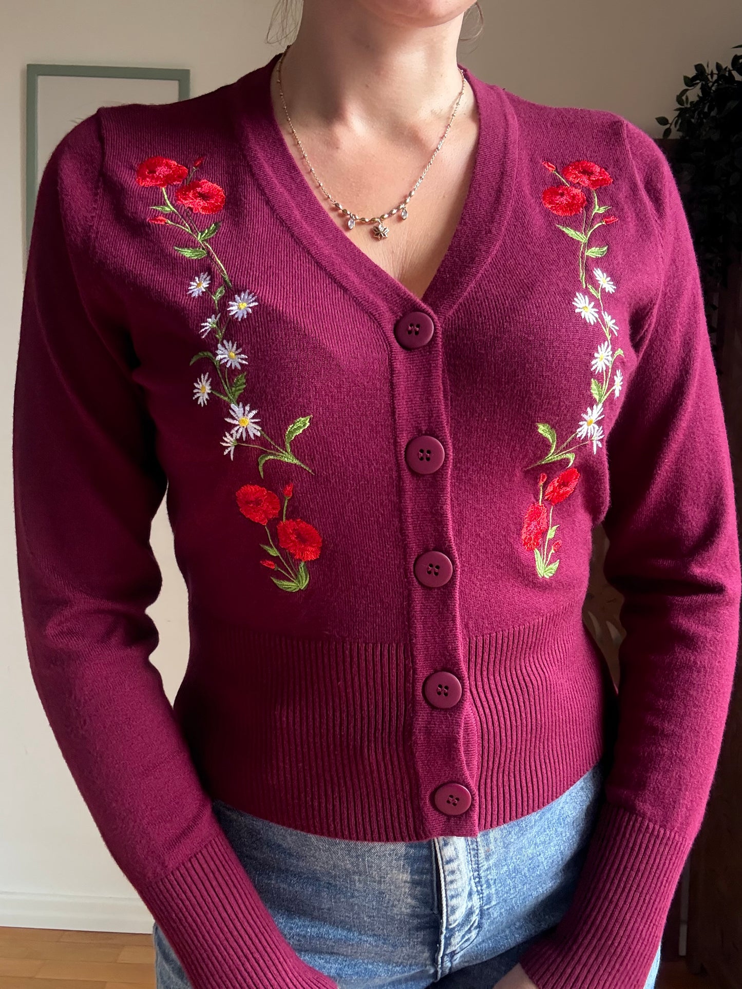 Cardigan Nara Roses and Daises burgundy