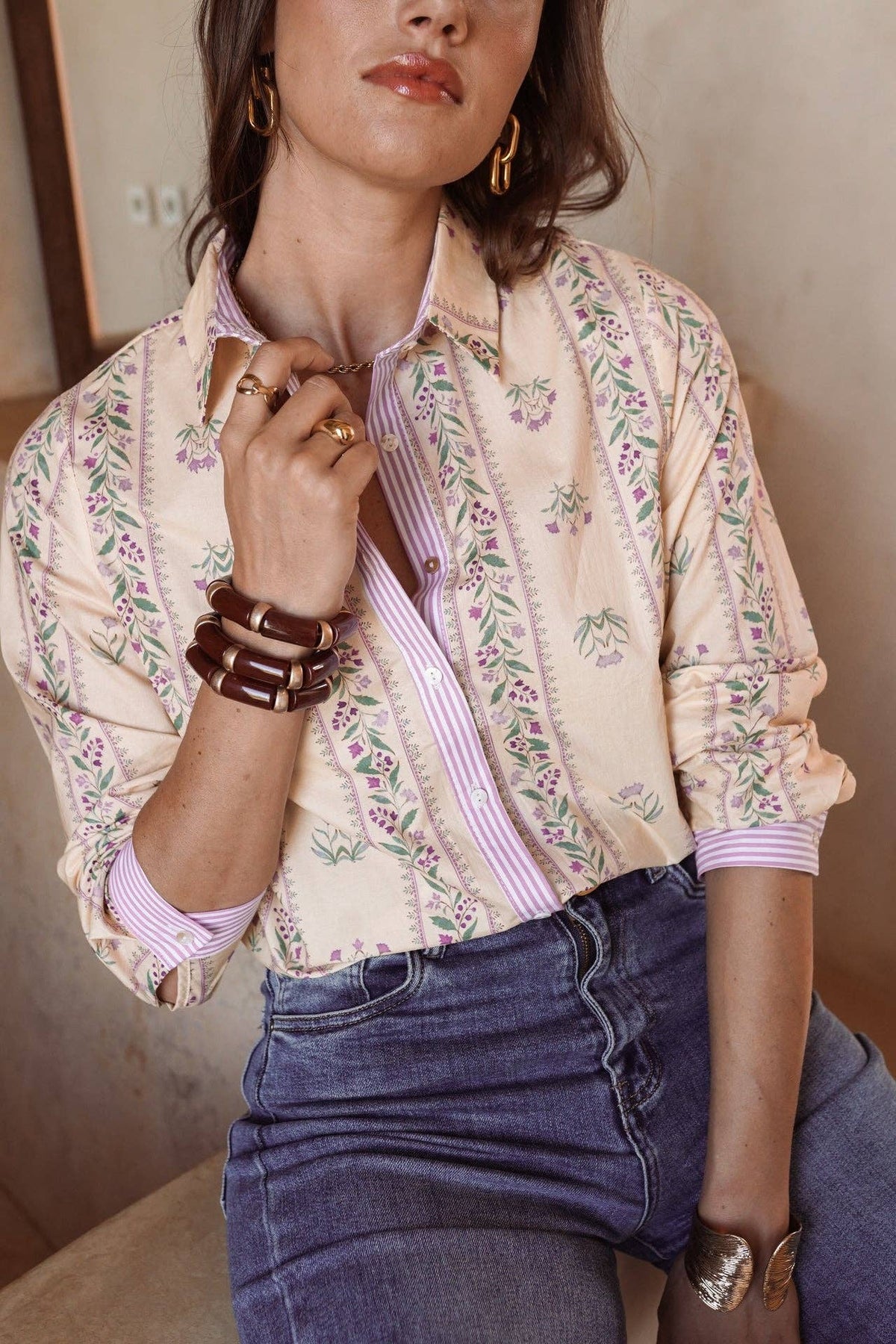 Camicia Bérilia beige in cotone con stampa floreale