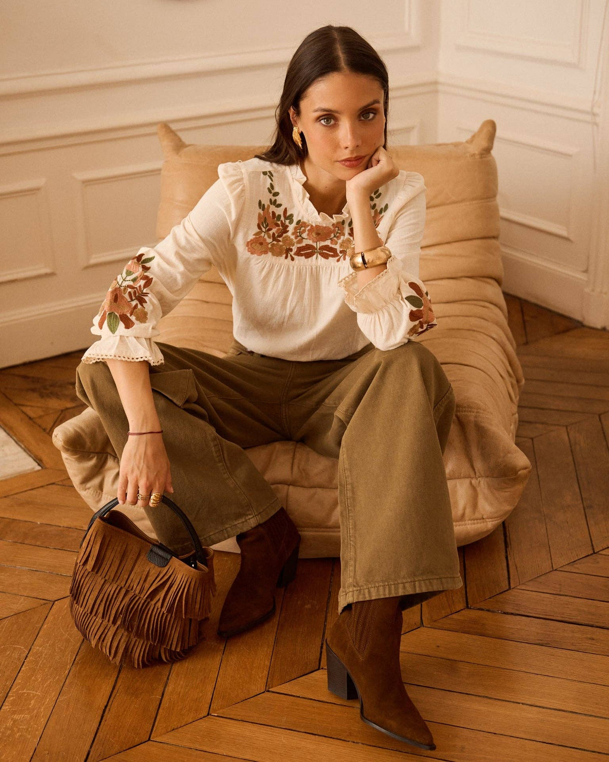 Blusa Giardino d’Autunno écru in cotone ricamato