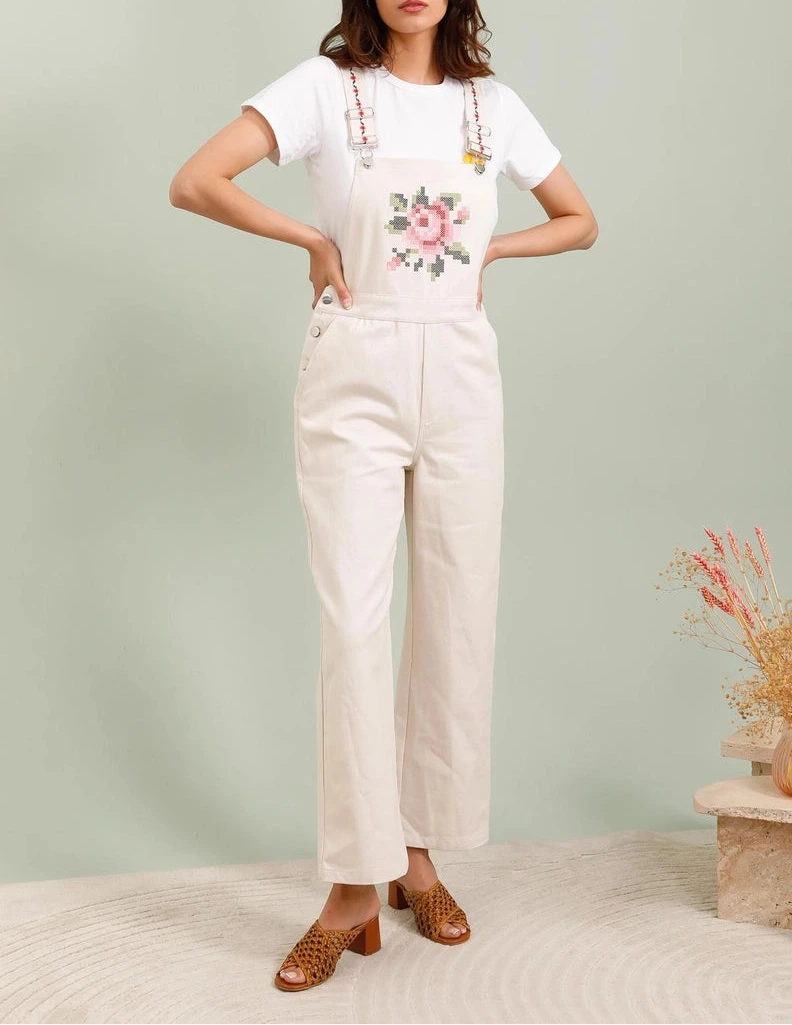 Salopette in Cotone Boho-Chic con Ricamo Floreale Pixel